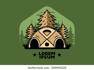 Illustration badge design of a Big family tent and pine trees