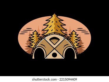 Illustration badge design of a Big family tent and pine trees