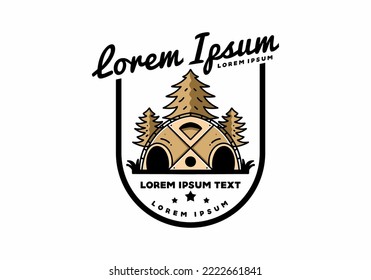 Illustration badge design of a Big family tent and pine trees