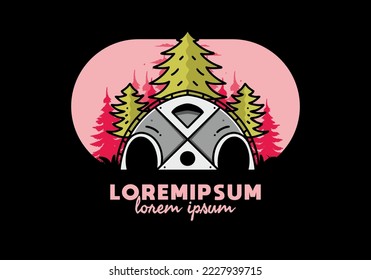 Illustration badge design of a Big family tent and pine trees