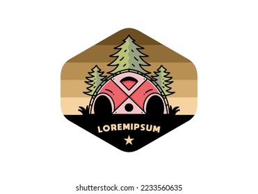 Illustration badge design of a Big family tent and pine trees