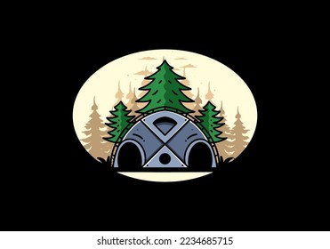 Illustration badge design of a Big family tent and pine trees