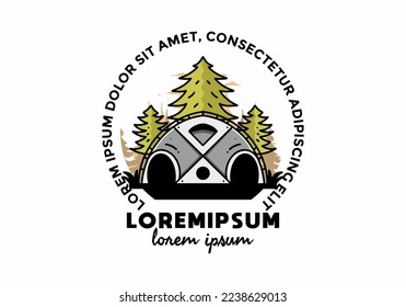 Illustration badge design of a Big family tent and pine trees