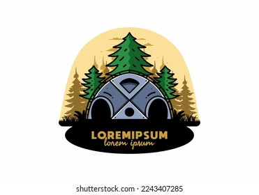 Illustration badge design of a Big family tent and pine trees