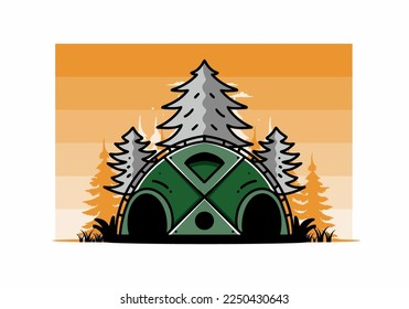 Illustration badge design of a Big family tent and pine trees