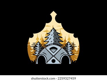 Illustration badge design of a Big family tent and pine trees
