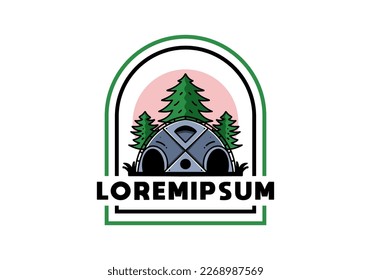 Illustration badge design of a Big family tent and pine trees