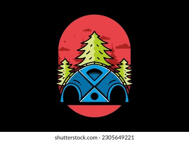 Illustration badge design of a Big family tent and pine trees