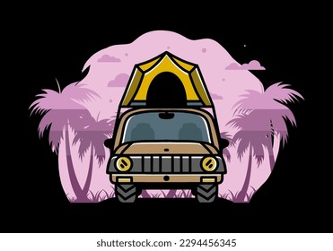 Illustration badge design of camping on the roof of car