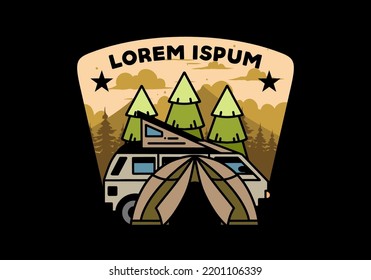 Illustration badge design of a camping with tent and car