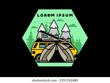 Diseño de una placa de ilustración de un camping con carpa y coche