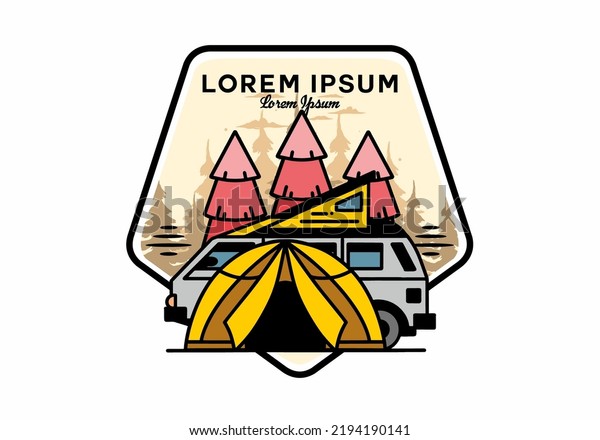 Illustration\
badge design of a camping with tent and\
car