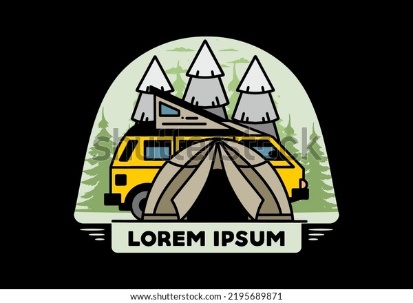 Illustration\
badge design of a camping with tent and\
car