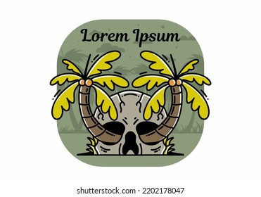 illustration badge design of two coconut trees growing on a skull