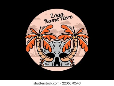 illustration badge design of two coconut trees growing on a skull