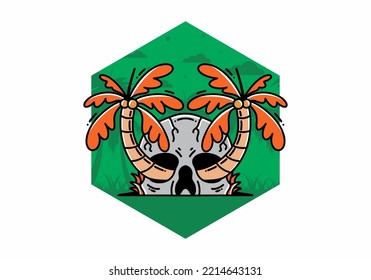 illustration badge design of two coconut trees growing on a skull