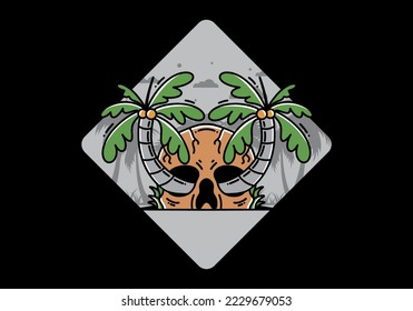 illustration badge design of two coconut trees growing on a skull