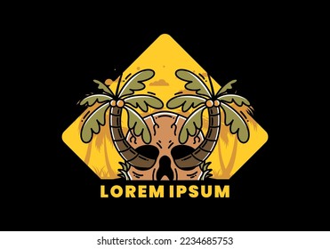 illustration badge design of two coconut trees growing on a skull