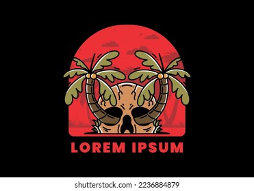 illustration badge design of two coconut trees growing on a skull