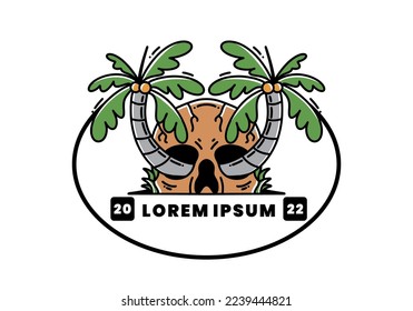 illustration badge design of two coconut trees growing on a skull