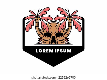 illustration badge design of two coconut trees growing on a skull