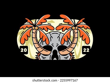illustration badge design of two coconut trees growing on a skull
