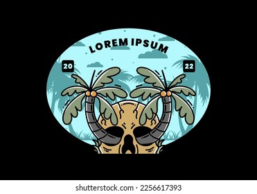 illustration badge design of two coconut trees growing on a skull