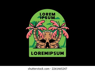 illustration badge design of two coconut trees growing on a skull