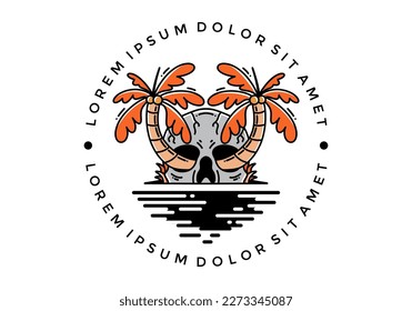 illustration badge design of two coconut trees growing on a skull