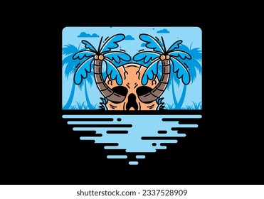 illustration badge design of two coconut trees growing on a skull