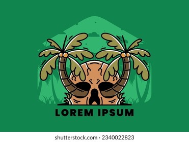 illustration badge design of two coconut trees growing on a skull