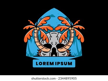 illustration badge design of two coconut trees growing on a skull