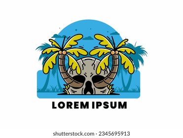 diseño de placa de ilustración de dos cocoteros que crecen en el cráneo