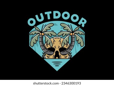 illustration badge design of two coconut trees growing on a skull