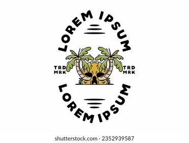 illustration badge design of two coconut trees growing on a skull