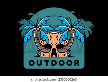 illustration badge design of two coconut trees growing on a skull