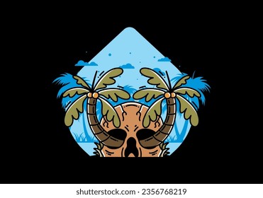 illustration badge design of two coconut trees growing on a skull