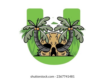 illustration badge design of two coconut trees growing on a skull