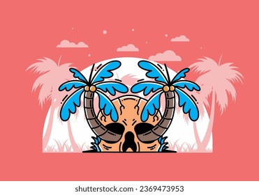 illustration badge design of two coconut trees growing on a skull