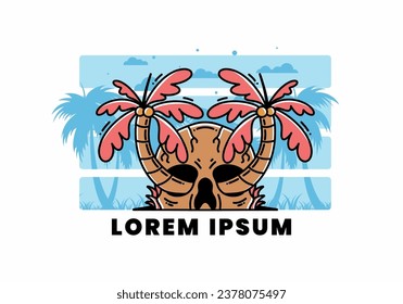 illustration badge design of two coconut trees growing on a skull