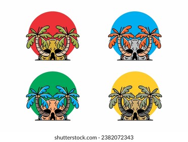 illustration badge design of two coconut trees growing on a skull