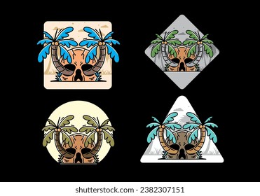 illustration badge design of two coconut trees growing on a skull