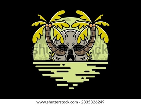 illustration badge design of two coconut trees growing on a skull