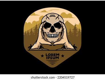 illustration badge design of two hand holding a skull