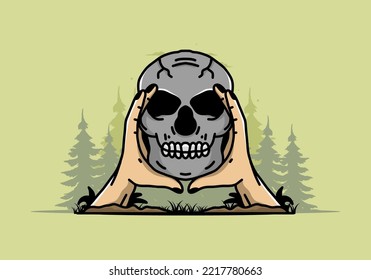 illustration badge design of two hand holding a skull