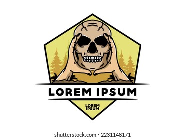 illustration badge design of two hand holding a skull