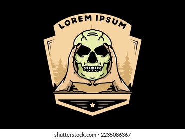 illustration badge design of two hand holding a skull