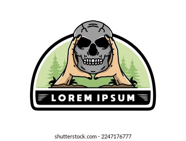 illustration badge design of two hand holding a skull