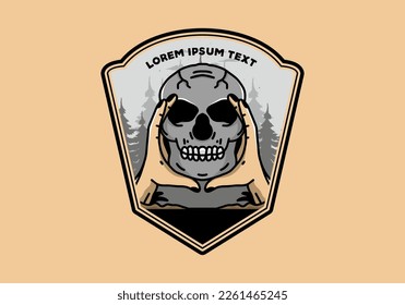 illustration badge design of two hand holding a skull