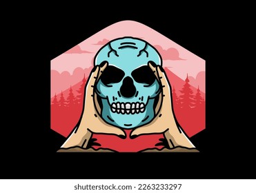 illustration badge design of two hand holding a skull